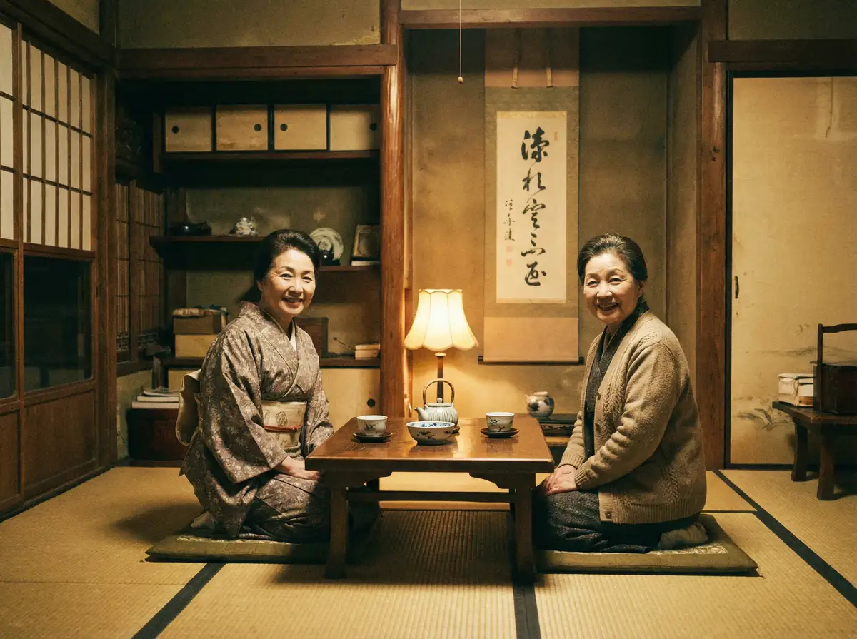 两位优雅的 肉便器 在日式茶室中品茶交谈